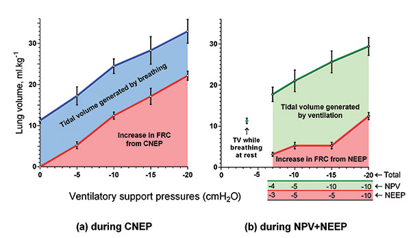  Tidal volumes during NPV and NEEP, and increases in FRC during CNEP generated by the Exovent in six healthy volunteers, from reference